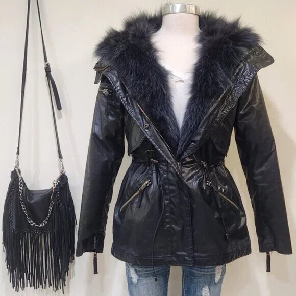 💥STUNNING!💥SAM. VTG 100% SILVER FOX FUR HOOD/PARTiAL LINING/TRIM BLACK PARKA - Picture 5 of 16